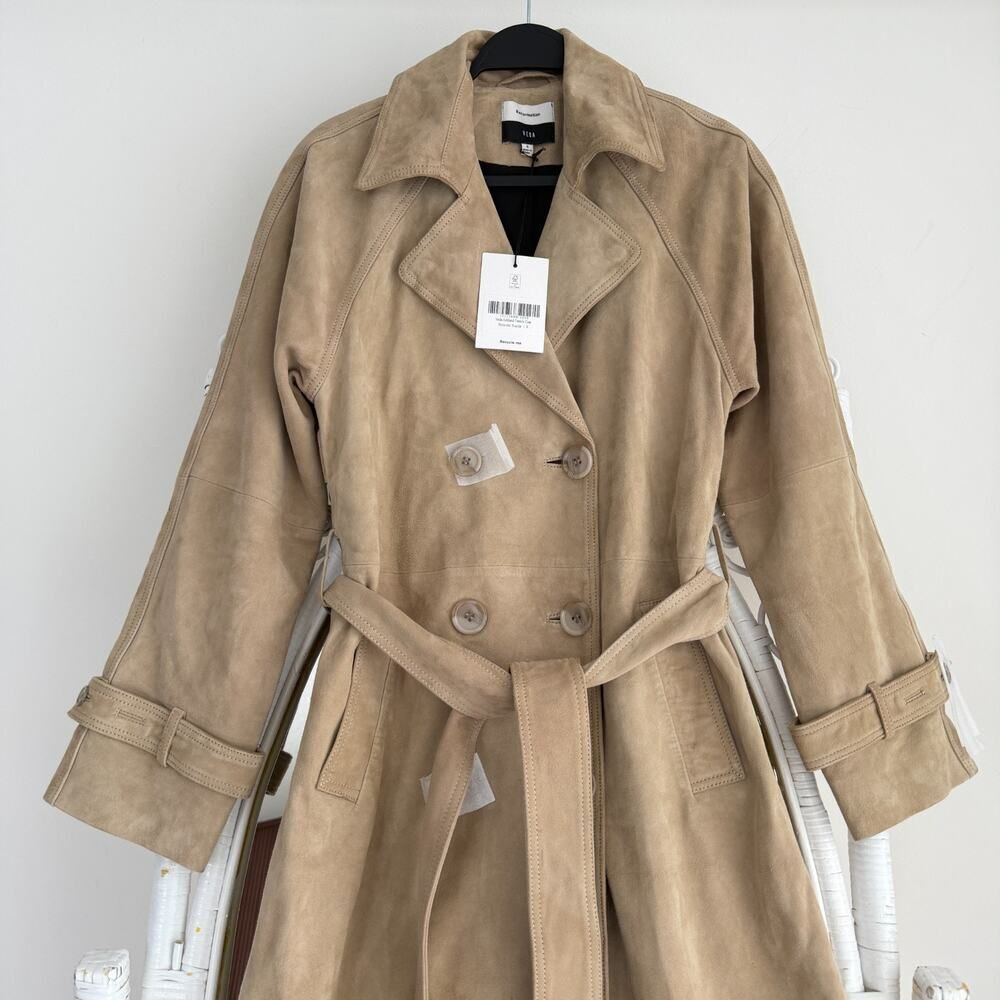 Reformation Veda Leather Jacket Small Tan Suede Trench Coat Belted Double Breast - Picture 5 of 12